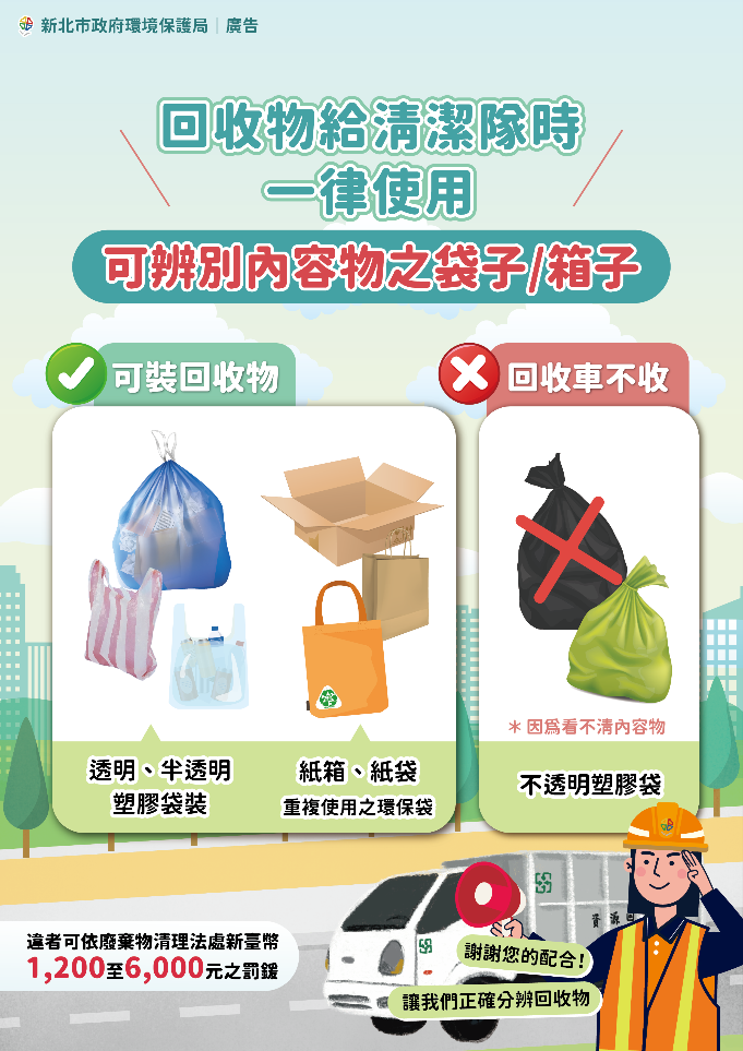 回收物給清潔隊時一律使用可識別內容物之袋子、箱子